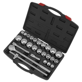 A black plastic toolbox from Sealey is open, showcasing the Socket Set 26pc 3/4"Sq Drive 12-point WallDrive® (AK2582) with a selection of socket wrenches and various WallDrive sockets meticulously organized inside, ideal for professional use.