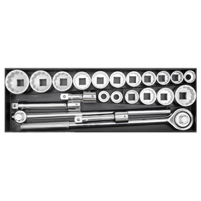 A set of Sealey Socket Set 22-piece 3/4" Square Drive 12-point WallDrive® - AK259/CRV, crafted from durable Chrome Vanadium steel, neatly arranged in a black case.