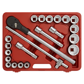 Introducing the Sealey Socket Set 22pc 3/4"Sq Drive 12-point WallDrive® Metric - AK2598, a red tool case housing an array of various-sized WallDrive sockets, a sturdy ratchet handle, extension bars, and a universal joint adapter, all crafted from durable Chrome Vanadium steel.