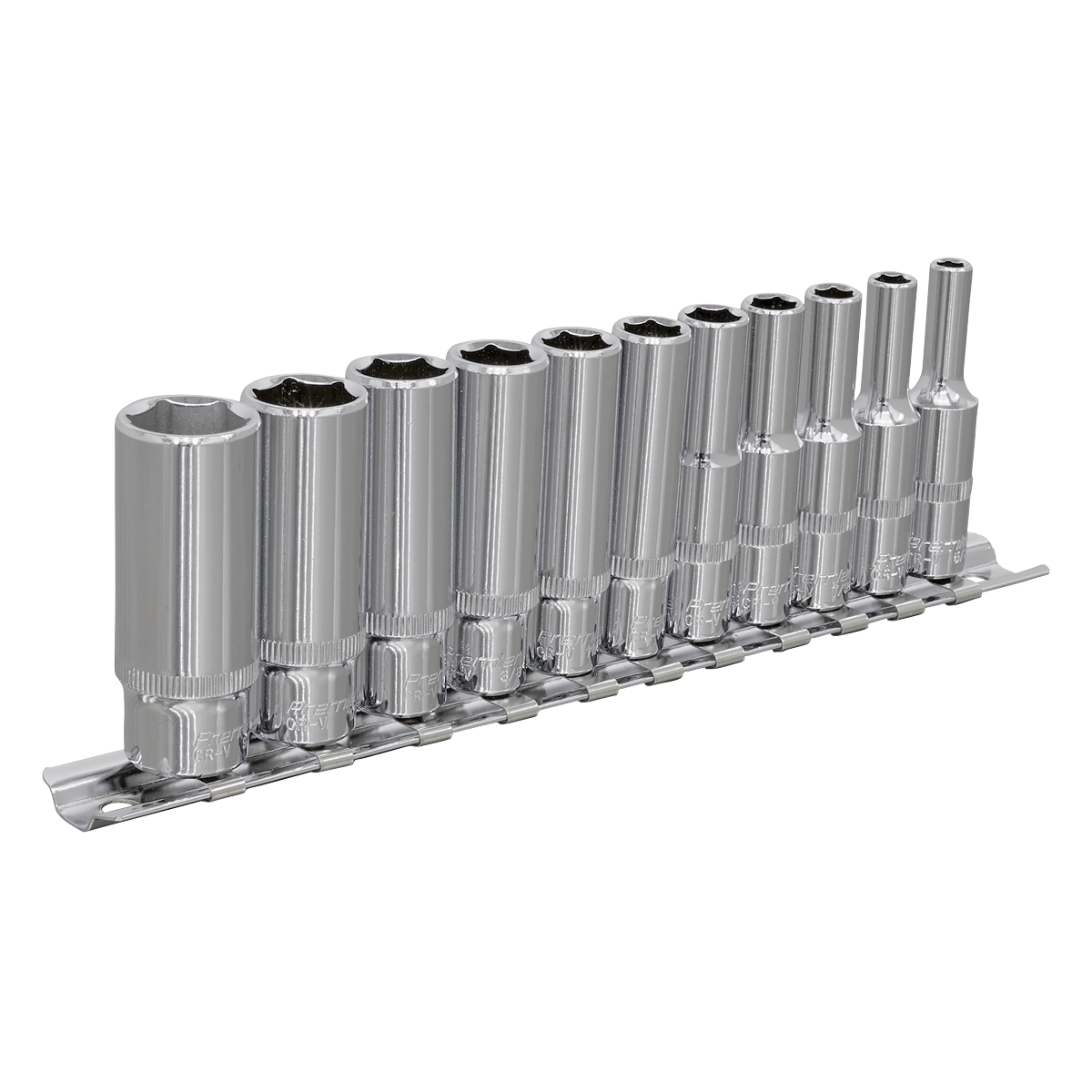 The Sealey Socket Set 11pc 1/4"Sq Drive Deep WallDrive® Imperial - AK2671 consists of eleven chrome vanadium steel socket wrenches arranged on a metal rail, each progressively larger from left to right, and features Premier Hand Tools' WallDrive configuration for enhanced grip.