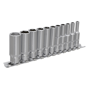 The Sealey Socket Set 11pc 1/4"Sq Drive Deep WallDrive® Imperial - AK2671 consists of eleven chrome vanadium steel socket wrenches arranged on a metal rail, each progressively larger from left to right, and features Premier Hand Tools' WallDrive configuration for enhanced grip.