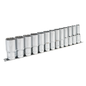 A 13-piece Sealey Socket Set (AK2675) in Imperial size, featuring deep 12-point WallDrive® sockets crafted from durable Chrome Vanadium steel, neatly arranged on a metal rail.