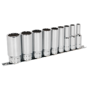 A set of nine Sealey Socket Set 9pc 1/2"Sq Drive Deep Whitworth - AK2679 wrenches, crafted from durable Chrome Vanadium steel, organized in order of size on a metal rail.