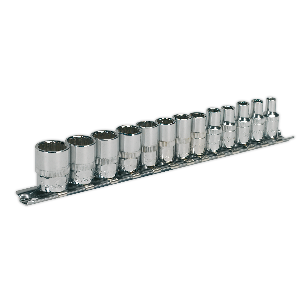 The Sealey Socket Set 13pc 1/4"Sq Drive 12pt WallDrive® Metric (AK2680) includes twelve chrome vanadium steel socket wrenches, neatly organized by size on a sleek black rack, and equipped with WallDrive technology for optimal performance. This robust set is backed by a lifetime guarantee.