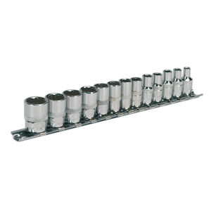 The Sealey Socket Set 13pc 1/4"Sq Drive 12pt WallDrive® Metric (AK2680) includes twelve chrome vanadium steel socket wrenches, neatly organized by size on a sleek black rack, and equipped with WallDrive technology for optimal performance. This robust set is backed by a lifetime guarantee.