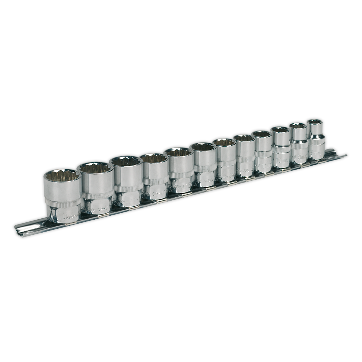 A set of 12 Sealey Socket Set 3/8"Sq Drive socket wrenches, with WallDrive® configuration and arranged in descending size on a metal holder.