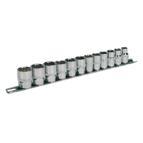 A set of 12 Sealey Socket Set 3/8"Sq Drive socket wrenches, with WallDrive® configuration and arranged in descending size on a metal holder.