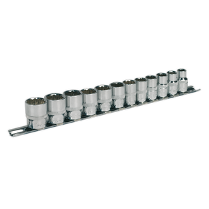 A set of 12 Sealey Socket Set 3/8"Sq Drive socket wrenches, with WallDrive® configuration and arranged in descending size on a metal holder.