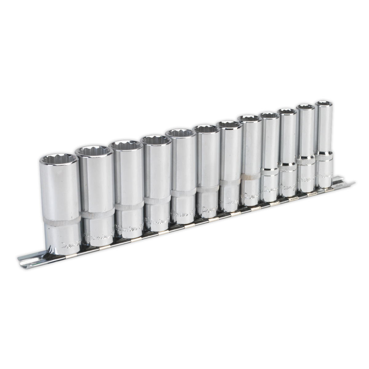 A set of twelve Sealey Socket Set 12pc 3/8"Sq Drive 12pt Deep WallDrive® Metric - AK2683 chrome socket wrenches, crafted from Chrome Vanadium steel, arranged in ascending size order on a metal organizer.