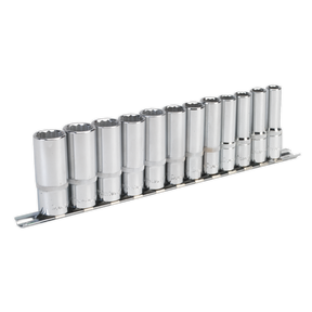 A set of twelve Sealey Socket Set 12pc 3/8"Sq Drive 12pt Deep WallDrive® Metric - AK2683 chrome socket wrenches, crafted from Chrome Vanadium steel, arranged in ascending size order on a metal organizer.