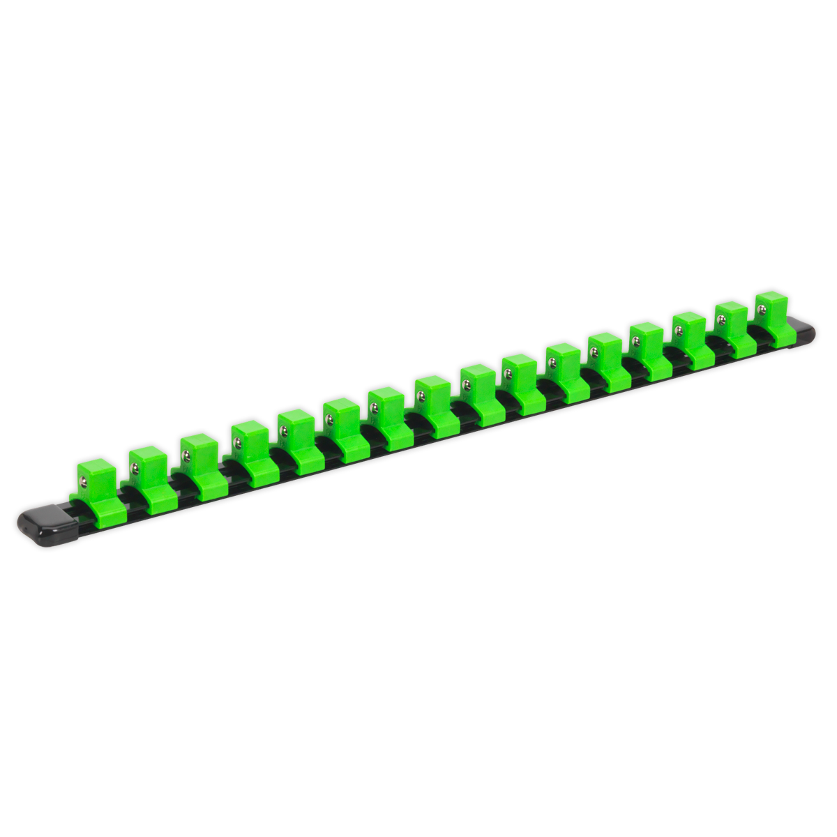 A row of Sealey Socket Retaining Rail with 16 Clips 1/2"Sq Drive - Hi-Vis Green (AK27054HV) and black electrical units mounted on an aluminium socket rail with high-visibility green nylon clips.