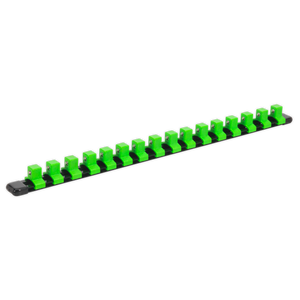 A row of Sealey Socket Retaining Rail with 16 Clips 1/2"Sq Drive - Hi-Vis Green (AK27054HV) and black electrical units mounted on an aluminium socket rail with high-visibility green nylon clips.