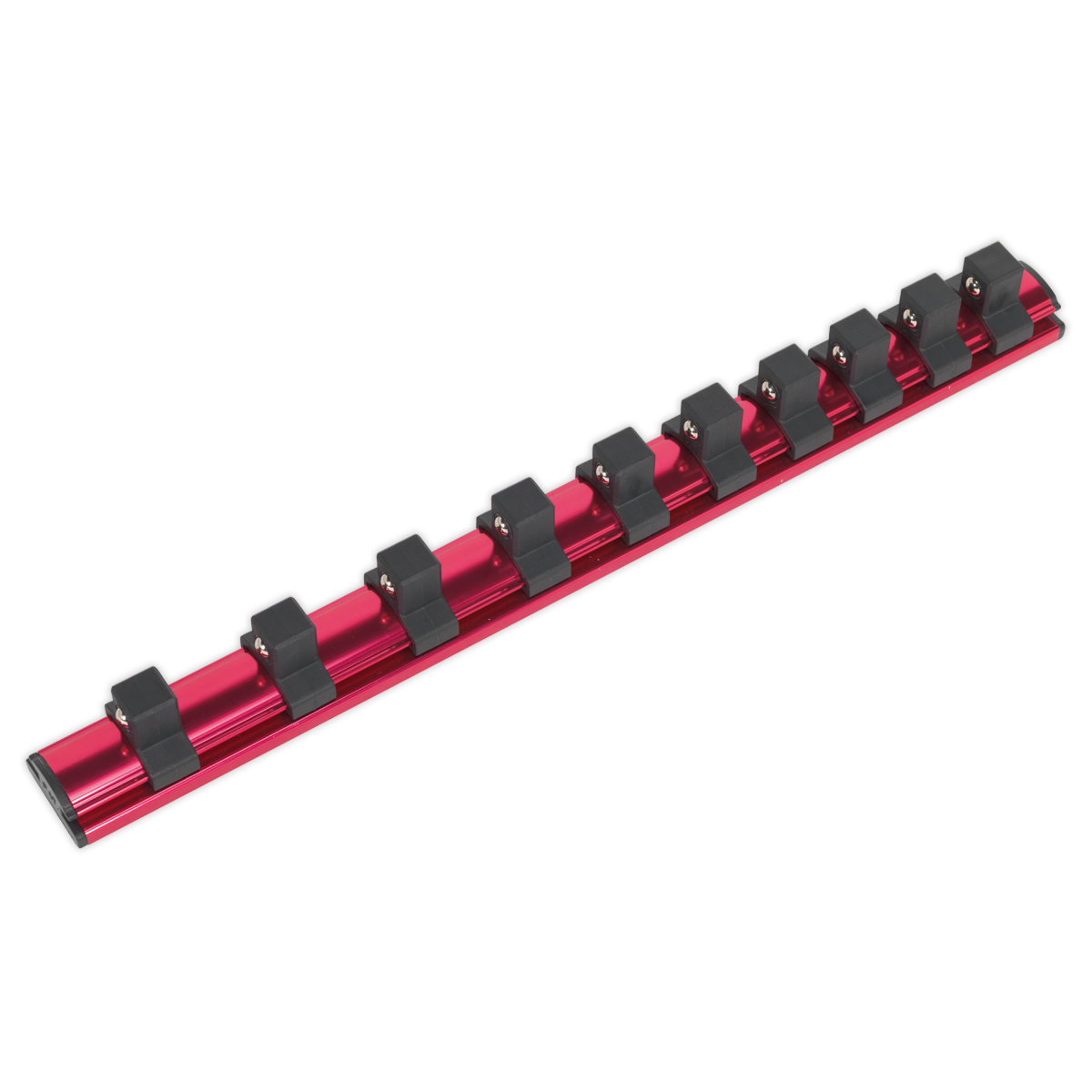 The Sealey Socket Retaining Rail Magnetic 1/2" Sq Drive 10 Clips - AK27084 is shown, featuring ten evenly spaced black clips for holding tools. This Premier Hand Tools product includes a strong magnet for secure attachment to metal surfaces, ensuring your tools are always within reach.