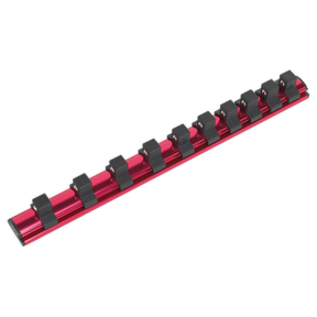 The Sealey Socket Retaining Rail Magnetic 1/2" Sq Drive 10 Clips - AK27084 is shown, featuring ten evenly spaced black clips for holding tools. This Premier Hand Tools product includes a strong magnet for secure attachment to metal surfaces, ensuring your tools are always within reach.
