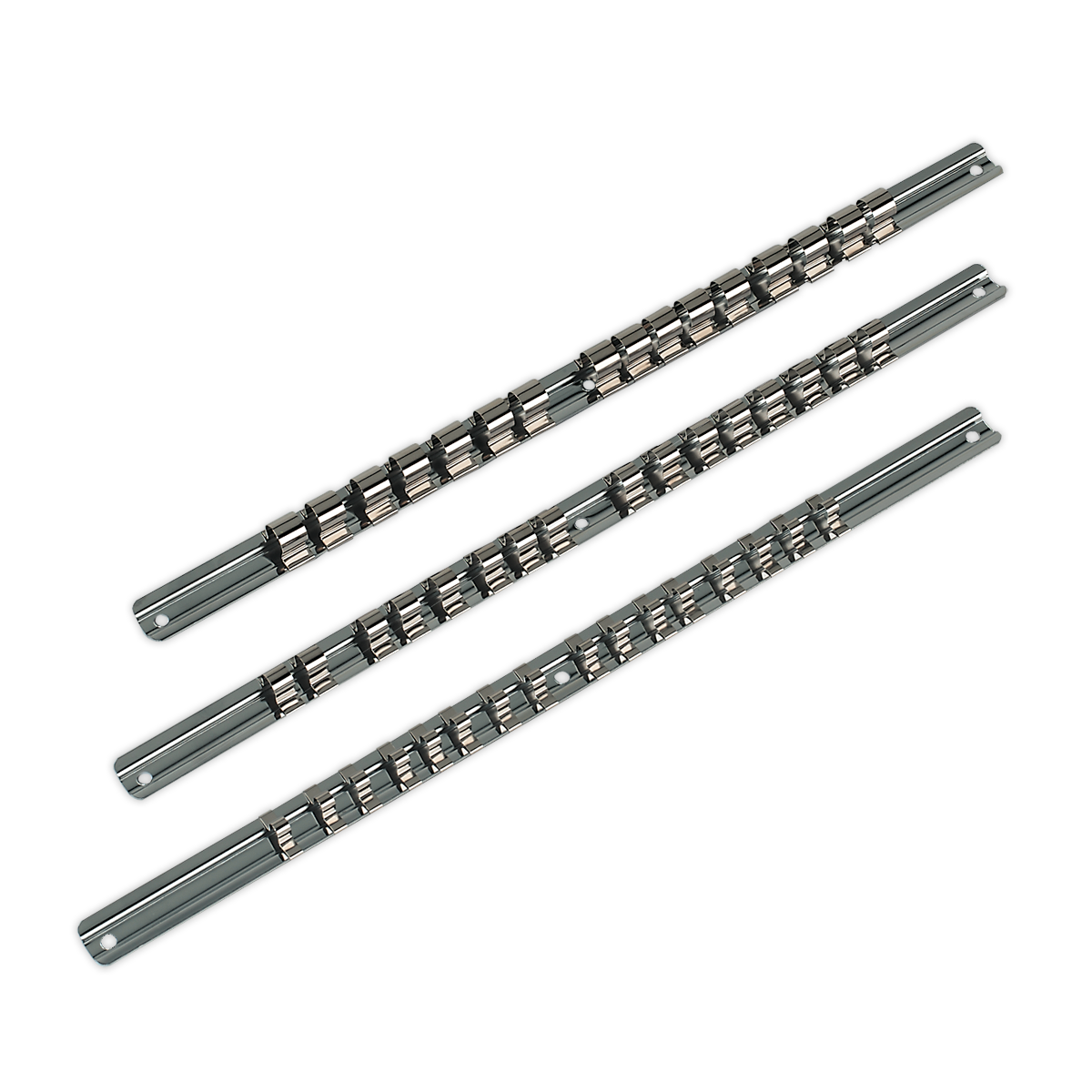 Three socket retaining rails from Sealey's AK270 set (comprising 1/4", 3/8", and 1/2" square drives) are arranged parallel to each other on a plain background.