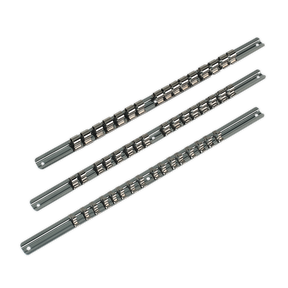 Three socket retaining rails from Sealey's AK270 set (comprising 1/4", 3/8", and 1/2" square drives) are arranged parallel to each other on a plain background.