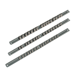 Three socket retaining rails from Sealey's AK270 set (comprising 1/4", 3/8", and 1/2" square drives) are arranged parallel to each other on a plain background.