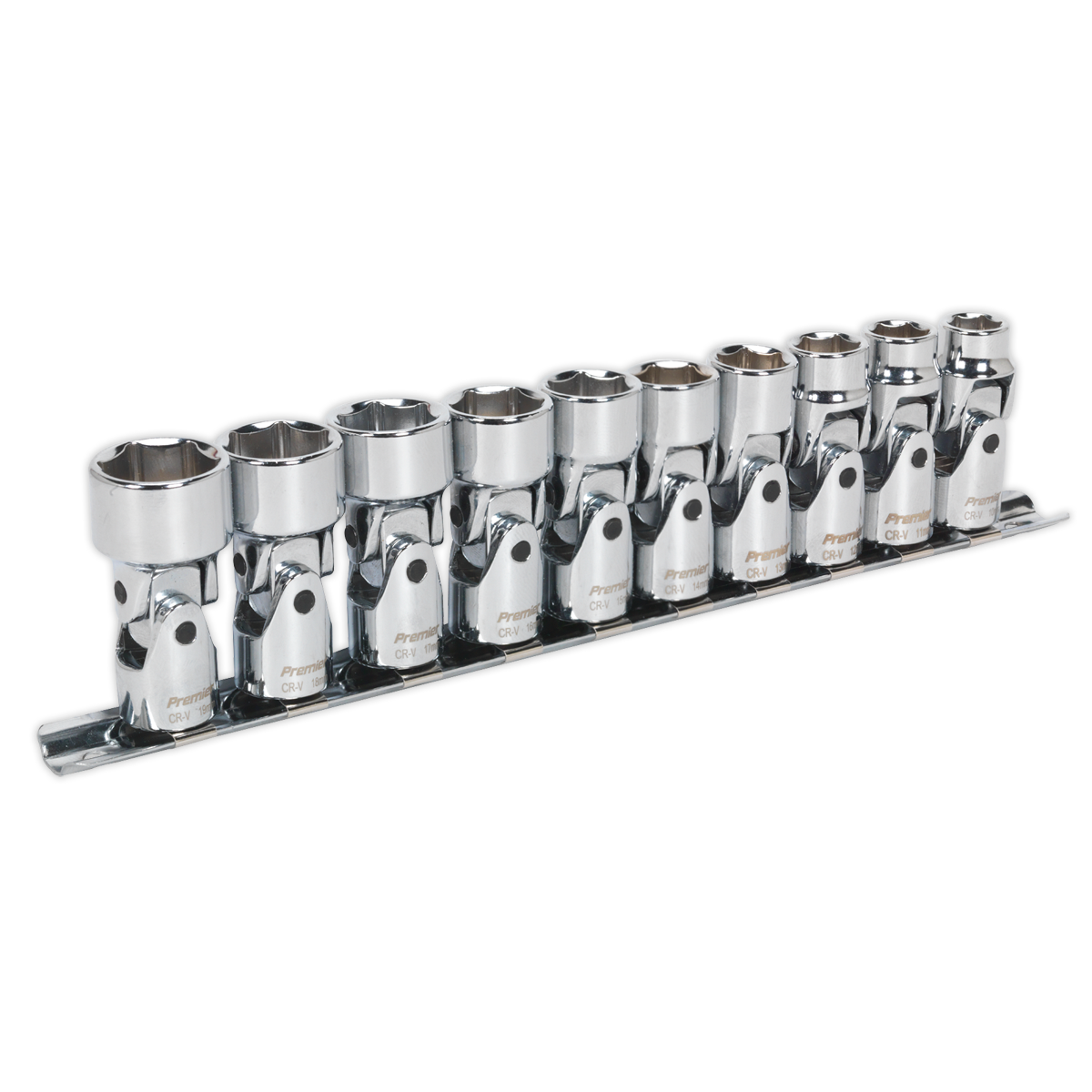 A set of ten Sealey Universal Joint Socket wrenches, featuring a 3/8" square drive and 6pt WallDrive® metric design, made from durable Chrome Vanadium steel and organized on a sleek black metal rack.