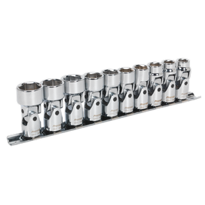 A set of ten Sealey Universal Joint Socket wrenches, featuring a 3/8" square drive and 6pt WallDrive® metric design, made from durable Chrome Vanadium steel and organized on a sleek black metal rack.