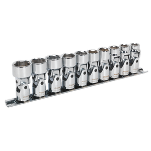 A set of ten Sealey Universal Joint Socket wrenches, featuring a 3/8" square drive and 6pt WallDrive® metric design, made from durable Chrome Vanadium steel and organized on a sleek black metal rack.