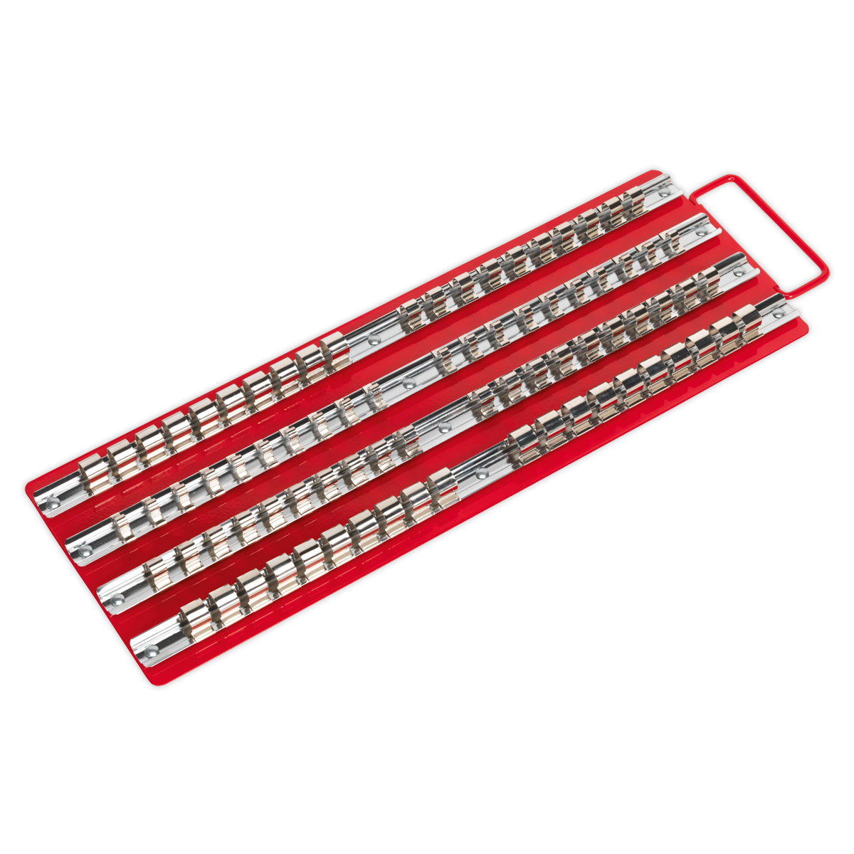 The Sealey Socket Rail Tray Red 1/4", 3/8" & 1/2" Sq Drive - AK271 is designed to hold a set of organized, uniformly sized silver metal sockets arranged in multiple rows, making it ideal for professional use with Premier Hand Tools.