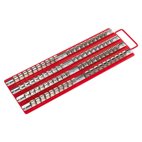 The Sealey Socket Rail Tray Red 1/4", 3/8" & 1/2" Sq Drive - AK271 is designed to hold a set of organized, uniformly sized silver metal sockets arranged in multiple rows, making it ideal for professional use with Premier Hand Tools.
