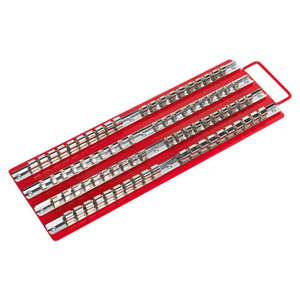 The Sealey Socket Rail Tray Red 1/4", 3/8" & 1/2" Sq Drive - AK271 is designed to hold a set of organized, uniformly sized silver metal sockets arranged in multiple rows, making it ideal for professional use with Premier Hand Tools.