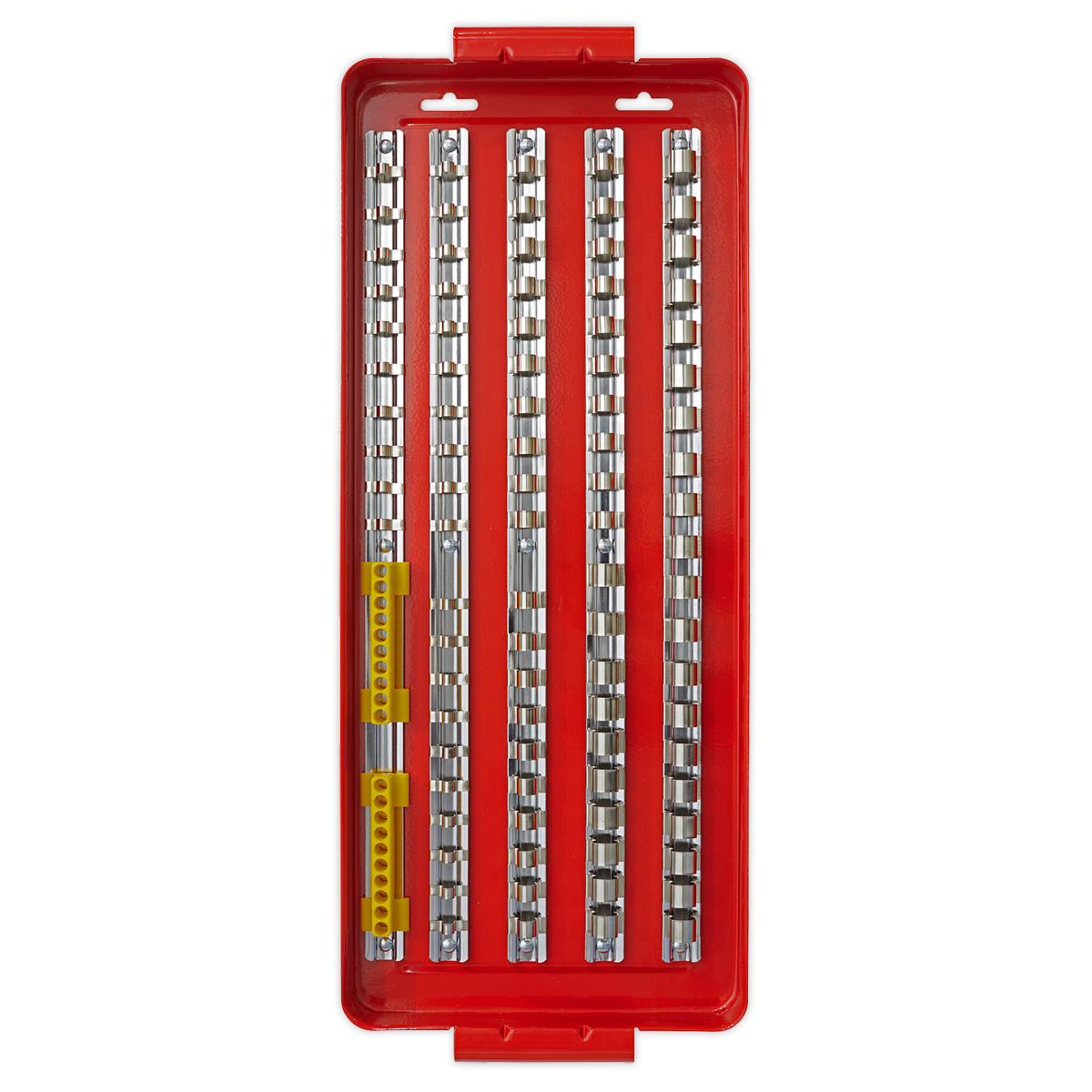 A red rectangular tool organizer from Sealey, known as the Socket Rail Tray 1/4", 3/8" & 1/2"Sq Drive - AK272, featuring five rows of metal chains or links of varying lengths and a built-in steel tray for power bit holders.