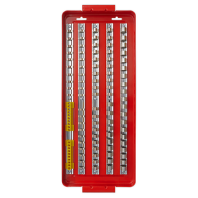 A red rectangular tool organizer from Sealey, known as the Socket Rail Tray 1/4", 3/8" & 1/2"Sq Drive - AK272, featuring five rows of metal chains or links of varying lengths and a built-in steel tray for power bit holders.