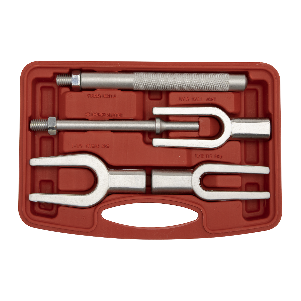 A red plastic case containing the Sealey Ball Joint Splitter Kit 5pc - AK273, which includes three forked separators and one handle, is perfect for small cars.