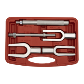 A red plastic case containing the Sealey Ball Joint Splitter Kit 5pc - AK273, which includes three forked separators and one handle, is perfect for small cars.