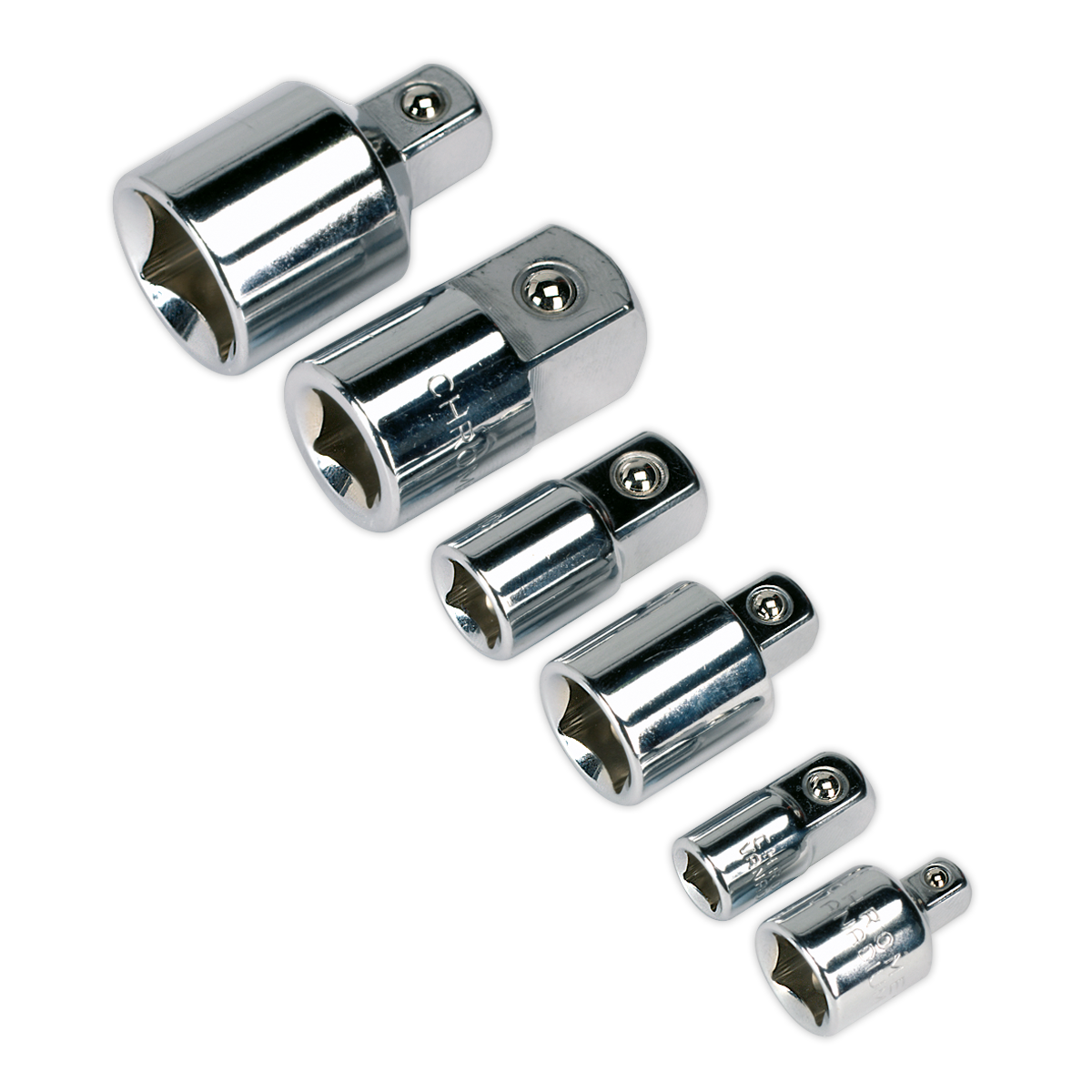 Six Sealey Socket Adaptor Set 6pc - AK2736, crafted from Chrome Vanadium steel, are arranged vertically against a grey background.