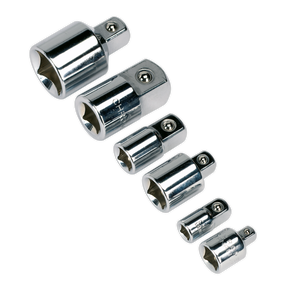 Six Sealey Socket Adaptor Set 6pc - AK2736, crafted from Chrome Vanadium steel, are arranged vertically against a grey background.