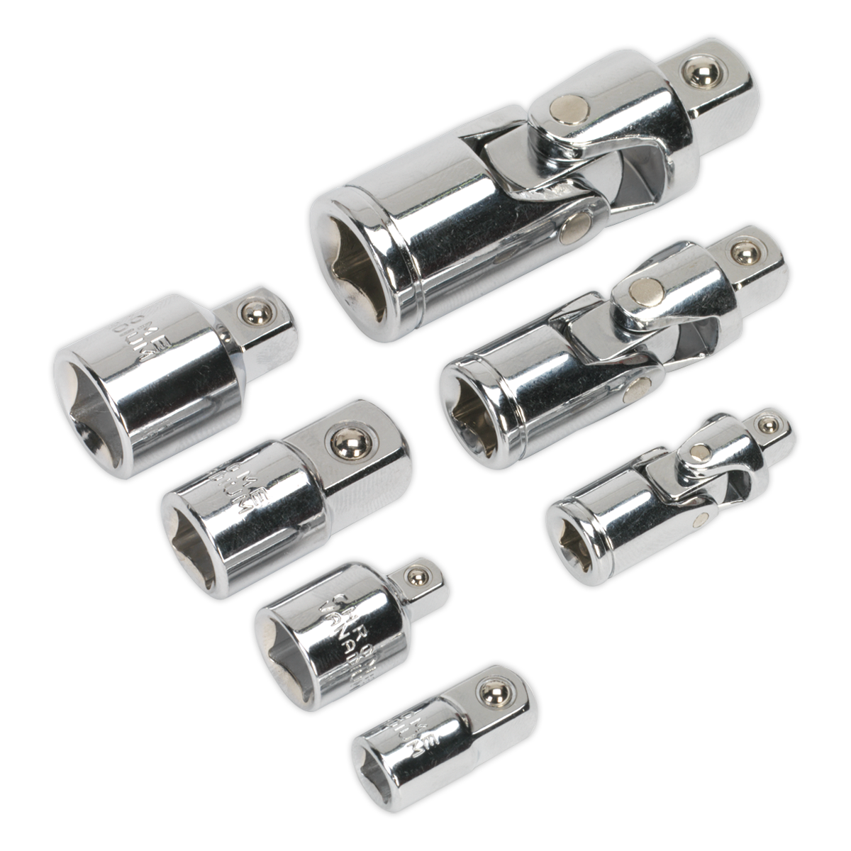 The Sealey Universal Joint & Socket Adaptor Set 7pc 1/4", 3/8" & 1/2"Sq Drive - AK2737, featuring a selection of chrome socket adapters and universal joints made from Chrome Vanadium steel, is displayed on a white background.