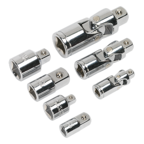 The Sealey Universal Joint & Socket Adaptor Set 7pc 1/4", 3/8" & 1/2"Sq Drive - AK2737, featuring a selection of chrome socket adapters and universal joints made from Chrome Vanadium steel, is displayed on a white background.