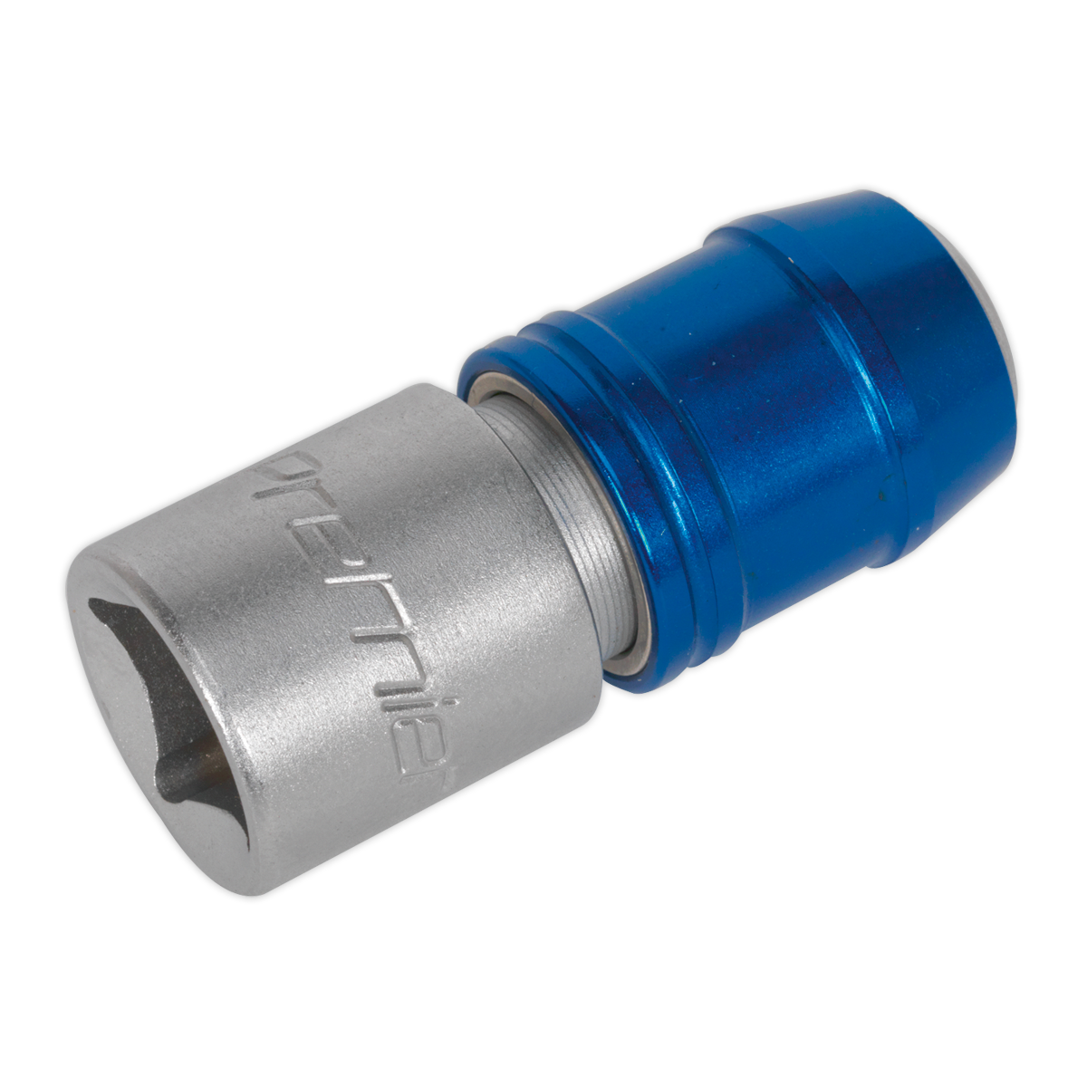 A blue and silver Quick Release Bit Adaptor 10mm 1/2"Sq Drive - AK2739 with the brand name "Sealey" engraved on the Chrome Vanadium steel part, compatible with hex drive bits.