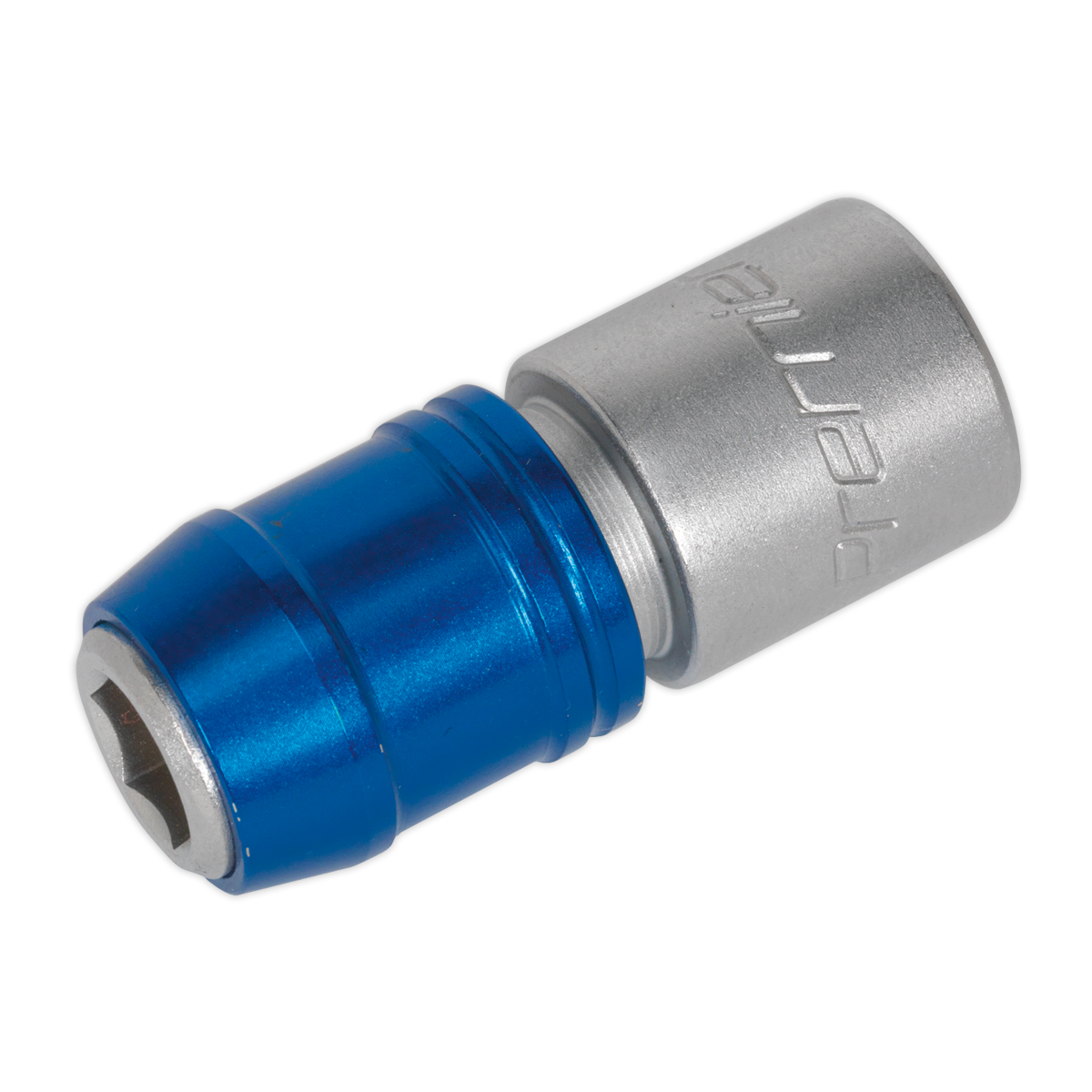 The Sealey Quick Release Bit Adaptor 10mm 1/2"Sq Drive - AK2739 is a cylindrical metallic tool featuring a blue socket extension and a silver handle, crafted from Chrome Vanadium steel, designed for tightening or loosening fasteners.