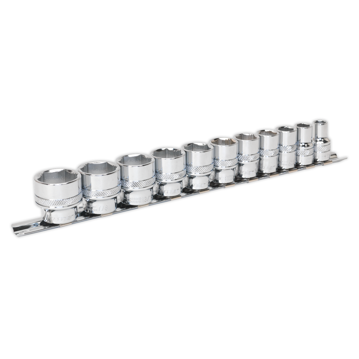 A Sealey Socket Set 11pc 3/8"Sq Drive Lock-On™ 6pt Imperial - AK2740 featuring eleven chrome wrenches, crafted from durable Chrome Vanadium steel, neatly arranged on a metal strip.