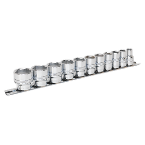 A Sealey Socket Set 11pc 3/8"Sq Drive Lock-On™ 6pt Imperial - AK2740 featuring eleven chrome wrenches, crafted from durable Chrome Vanadium steel, neatly arranged on a metal strip.