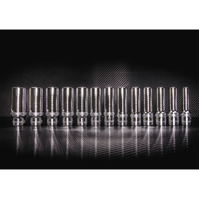 A row of thirteen Sealey Socket Set 13pc 1/2"Sq Drive Deep Lock-On™ 6pt Metric (AK2745) wrenches of varying sizes, crafted from durable Chrome Vanadium steel and arranged in ascending order, gleams on a dark, reflective surface. Each wrench comes with a lifetime guarantee.