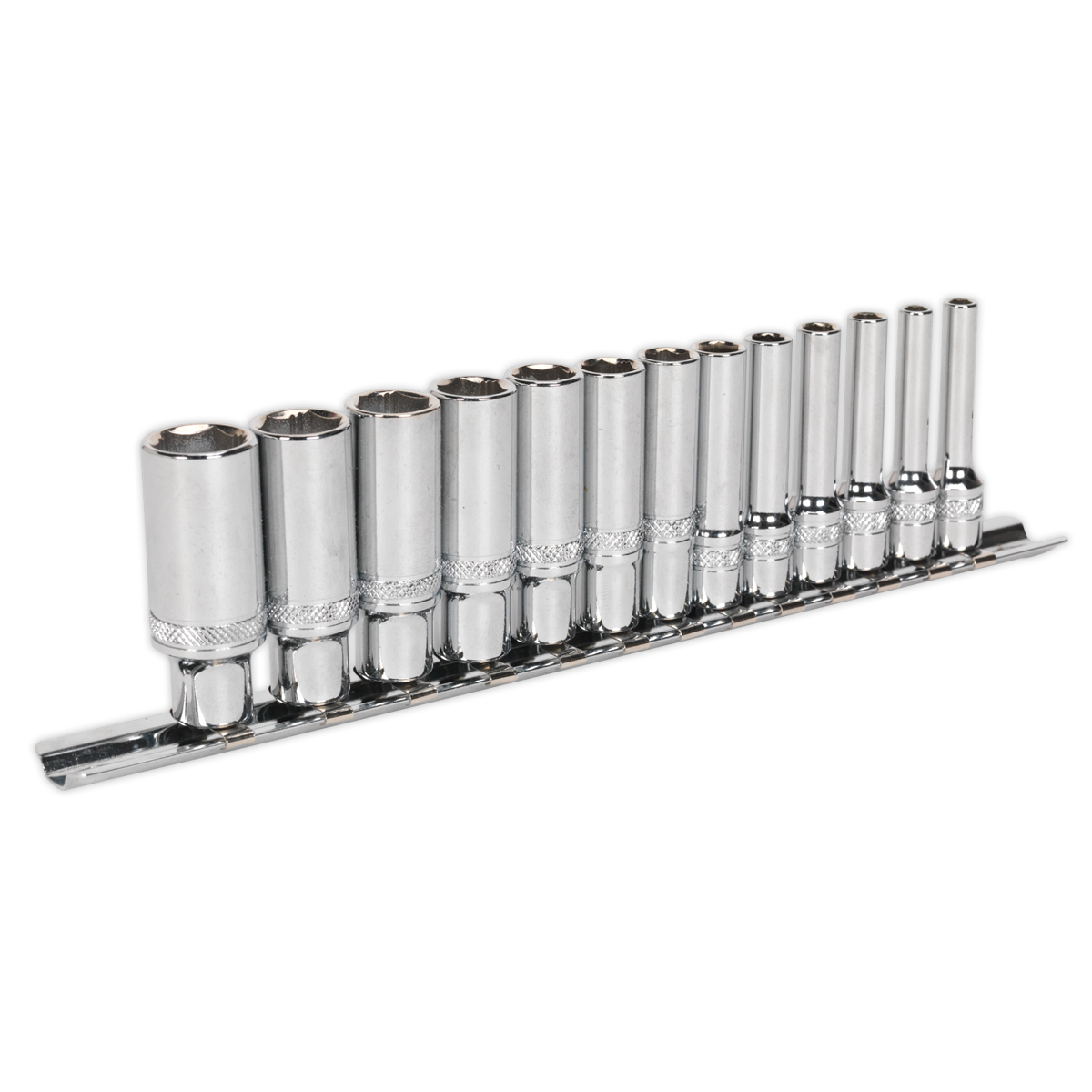 A set of 13 Sealey Socket Set 1/4" Square Drive Deep Lock-On™ 6pt Metric tools, organized in size order on a metal rack for superior corrosion resistance, made from Chrome Vanadium steel.