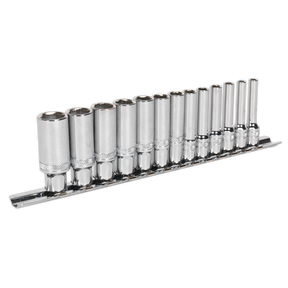 A set of 13 Sealey Socket Set 1/4" Square Drive Deep Lock-On™ 6pt Metric tools, organized in size order on a metal rack for superior corrosion resistance, made from Chrome Vanadium steel.