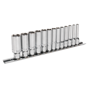 A set of 13 Sealey Socket Set 1/4" Square Drive Deep Lock-On™ 6pt Metric tools, organized in size order on a metal rack for superior corrosion resistance, made from Chrome Vanadium steel.