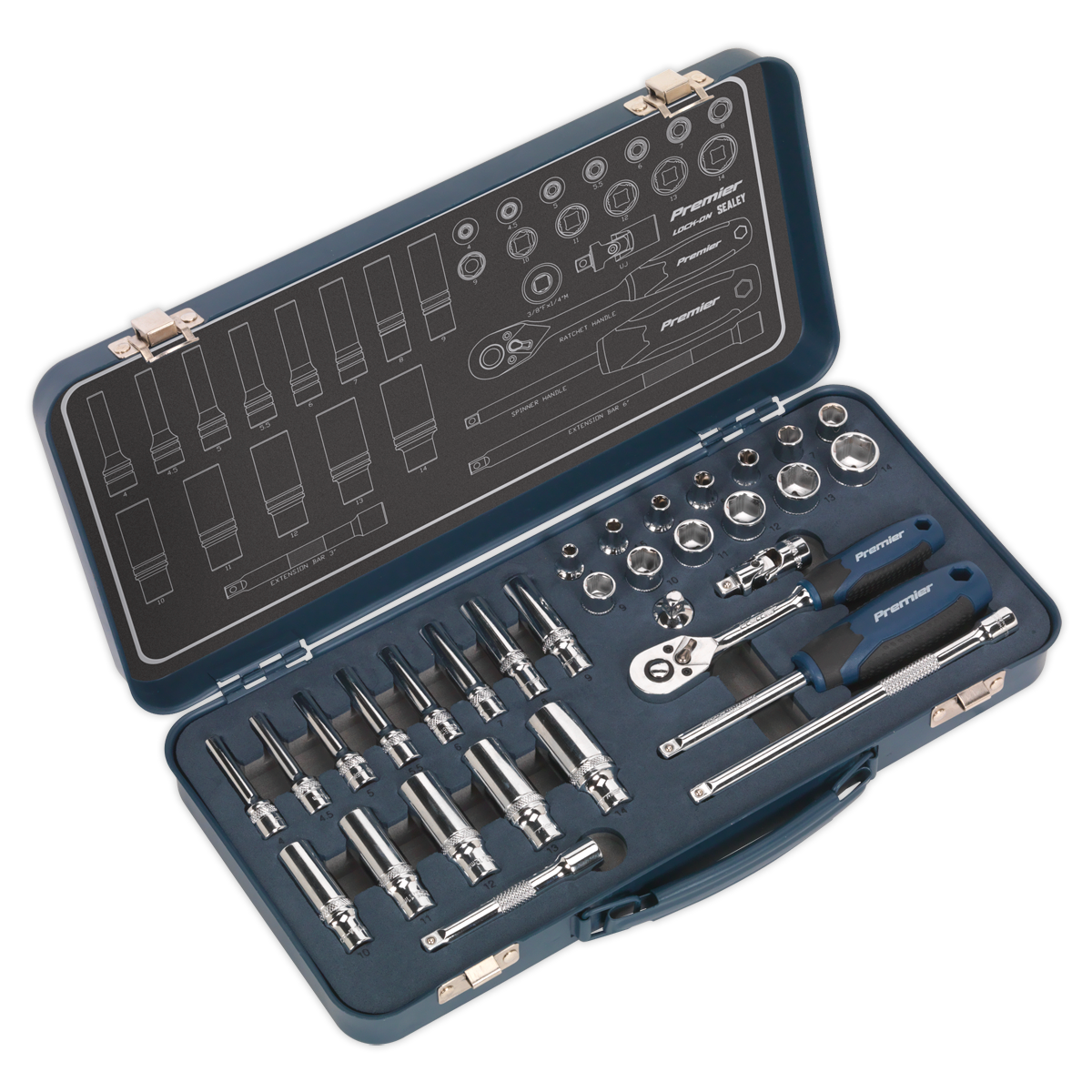 The Sealey Socket Set 32pc 1/4"Sq Drive Lock-On™ 6pt Metric (AK27480) comes in a black hard case, featuring Chrome Vanadium steel sockets, various wrenches, and bits organized in designated slots. This Premier Hand Tools set includes a 48-tooth ratchet wrench and a diagram on the inside of the lid showing tool placement.