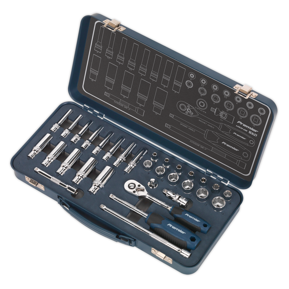 The Socket Set 32pc 1/4"Sq Drive Lock-On™ 6pt Metric - AK27480 from Sealey boasts a set of wrenches, a 48-tooth ratchet wrench, Chrome Vanadium steel sockets, and other tools neatly arranged inside.