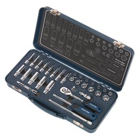The Socket Set 32pc 1/4"Sq Drive Lock-On™ 6pt Metric - AK27480 from Sealey boasts a set of wrenches, a 48-tooth ratchet wrench, Chrome Vanadium steel sockets, and other tools neatly arranged inside.