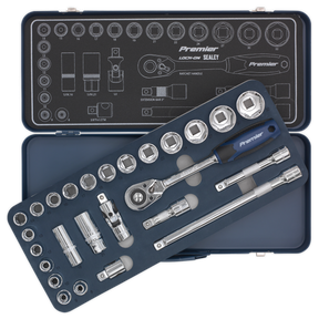 The Sealey Socket Set 26pc 1/2"Sq Drive Lock-On™ 6pt Metric - AK27482 features a comprehensive selection of sockets, a 48-tooth ratchet wrench, and extensions, all neatly arranged in a molded plastic case. The case lid includes labeled compartments for easy organization, and the tools are crafted from durable Chrome Vanadium steel.