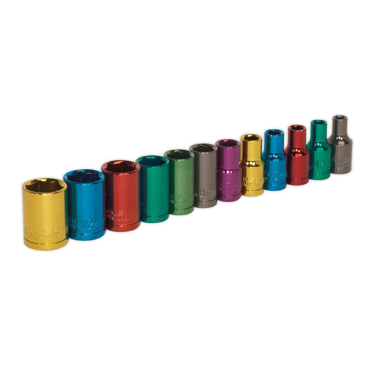 Multi-Coloured Socket Set 12pc 1/4"Sq Drive 6pt WallDrive® Metric - AK282 - Farming Parts