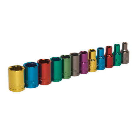 Multi-Coloured Socket Set 12pc 1/4"Sq Drive 6pt WallDrive® Metric - AK282 - Farming Parts
