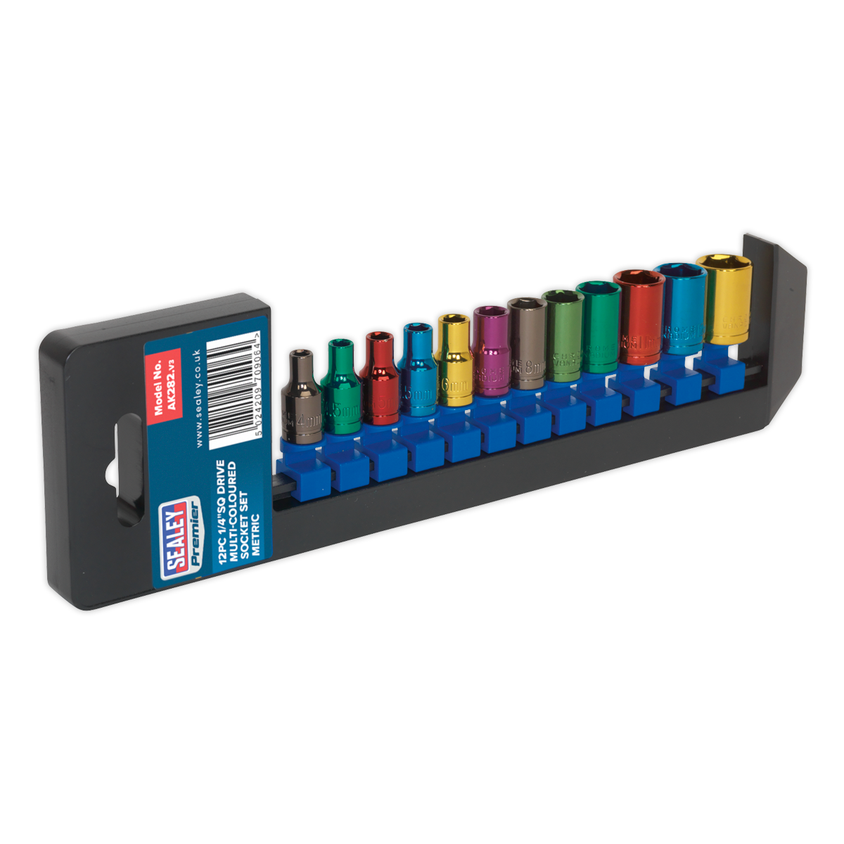 Multi-Coloured Socket Set 12pc 1/4"Sq Drive 6pt WallDrive® Metric - AK282 - Farming Parts